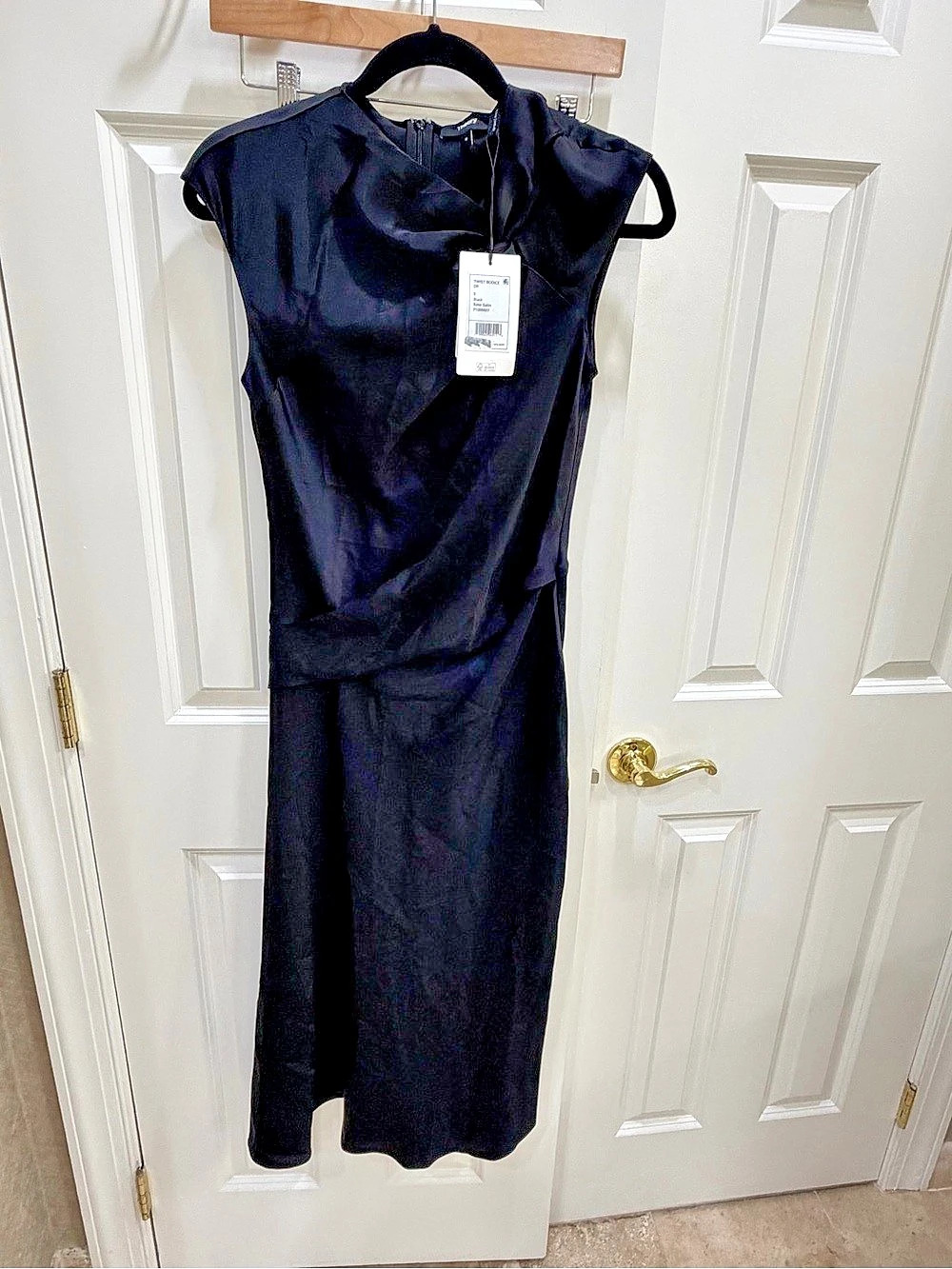 Theory Twist Bodice Dress in Satin Black Midi Dress